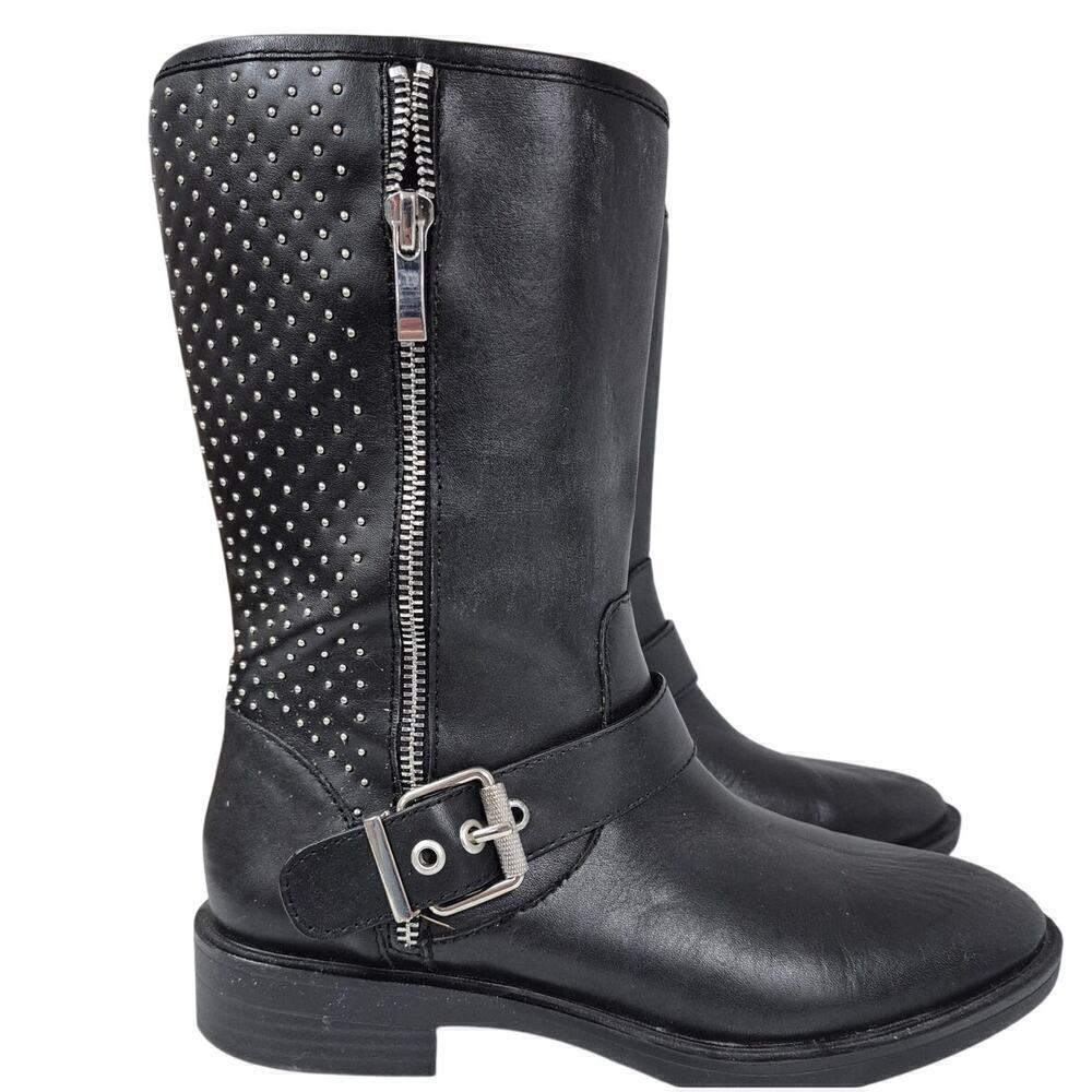 Steven Steve Madden Zain Black Leather Boots Silver Stud/Buckle/Zipper 7.5